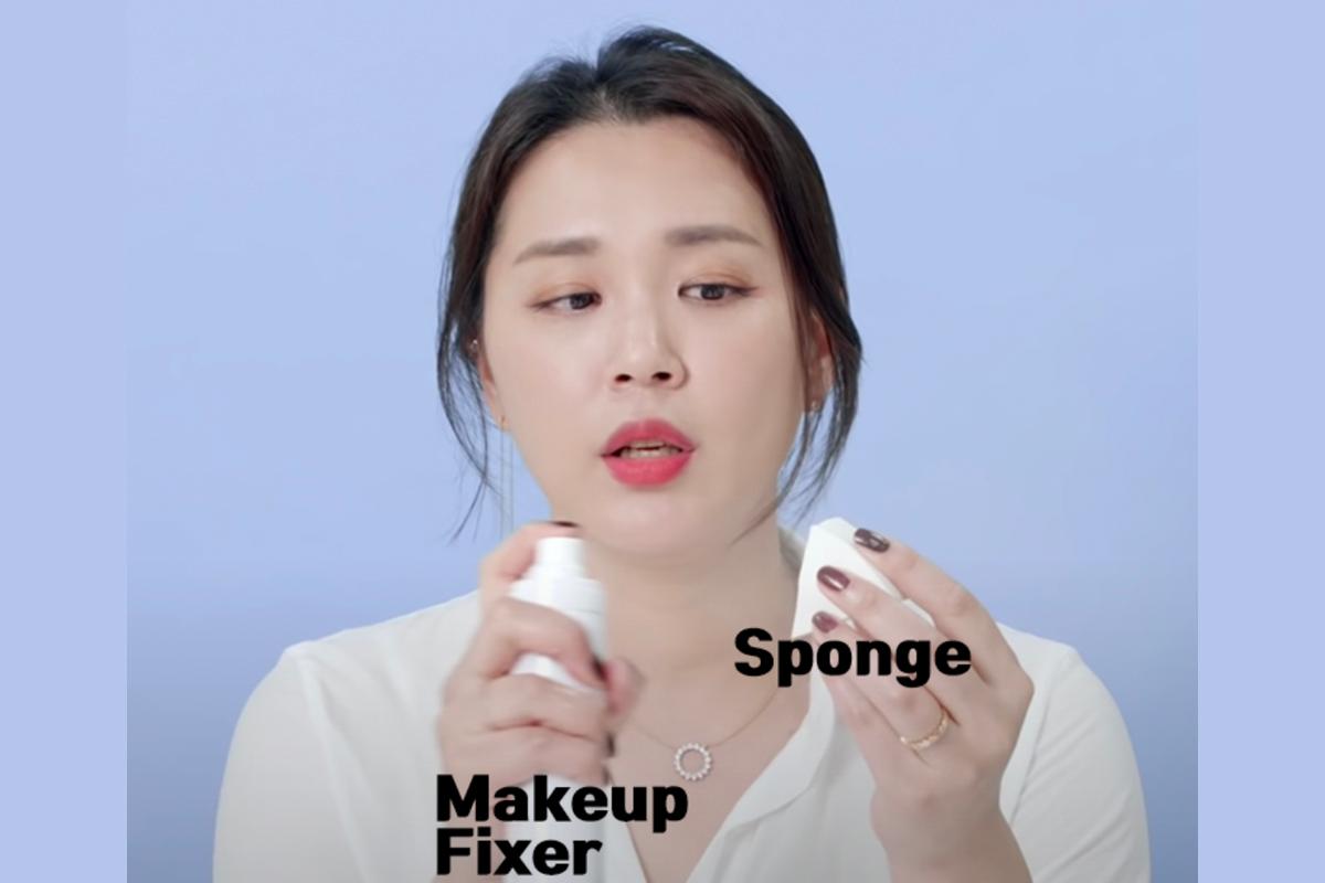 展示了化妝海綿及定妝噴霧的使用技巧，可幫助提高妝容持久度。