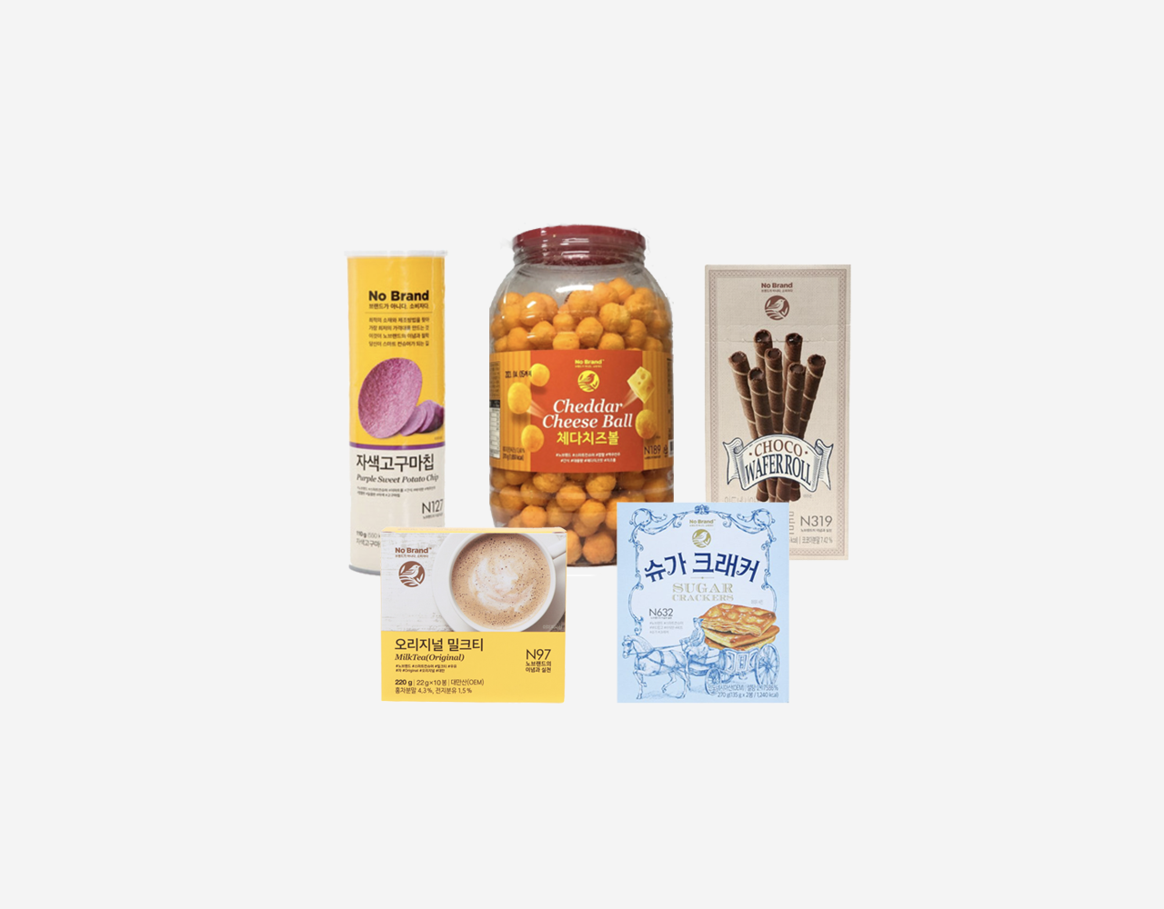 an assortment of no brand snacks including milk tea, crackers, wafer rolls, cheese balls and purple sweet potato chips