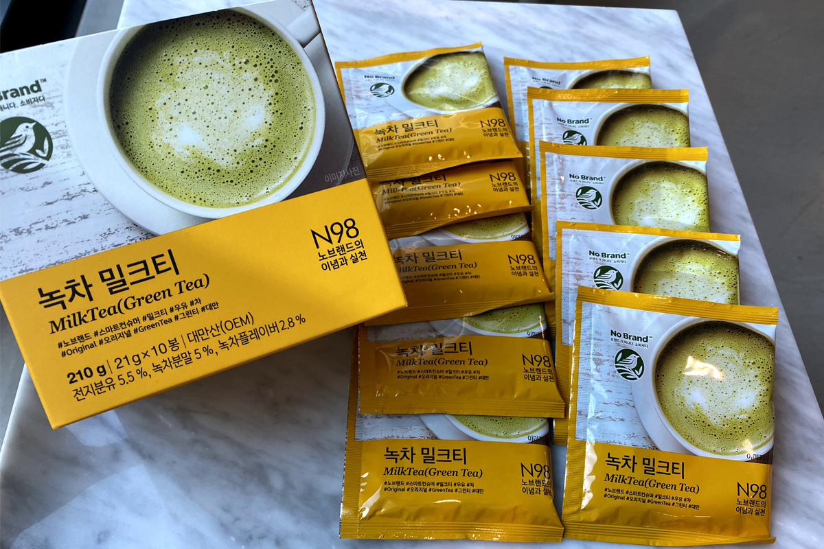 instant milk tea green tea flavour you can find at no brand emart