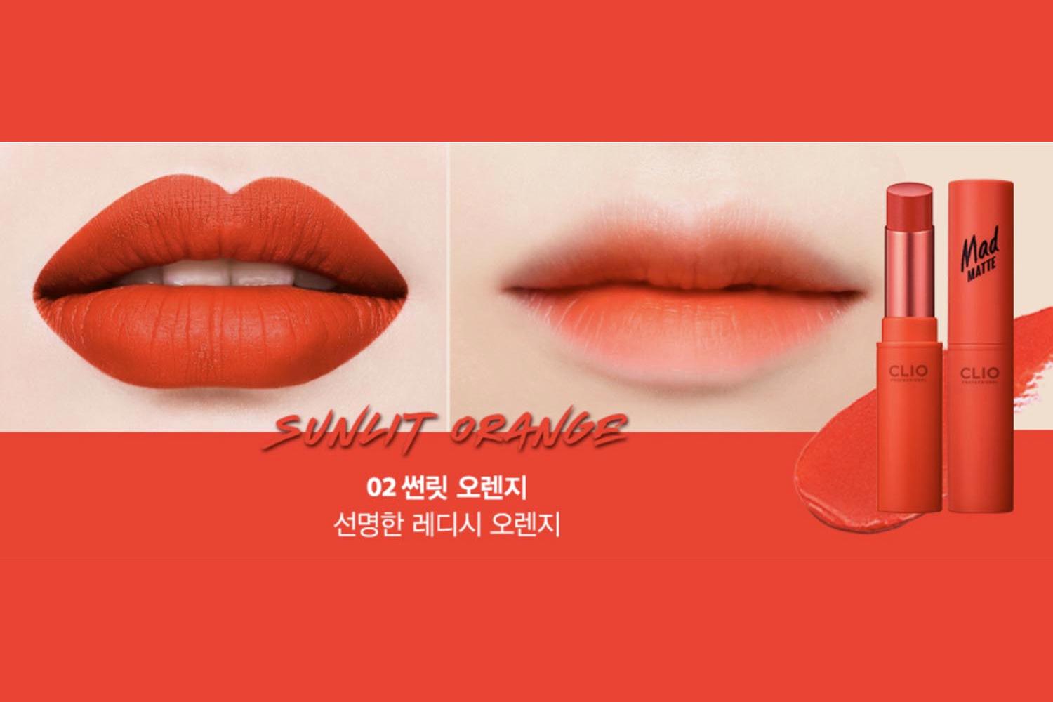 CLIO Mad Matte Lip #02 Sunlit Orange - màu đỏ cam rực rỡ dễ phối hợp cho mọi loại da.