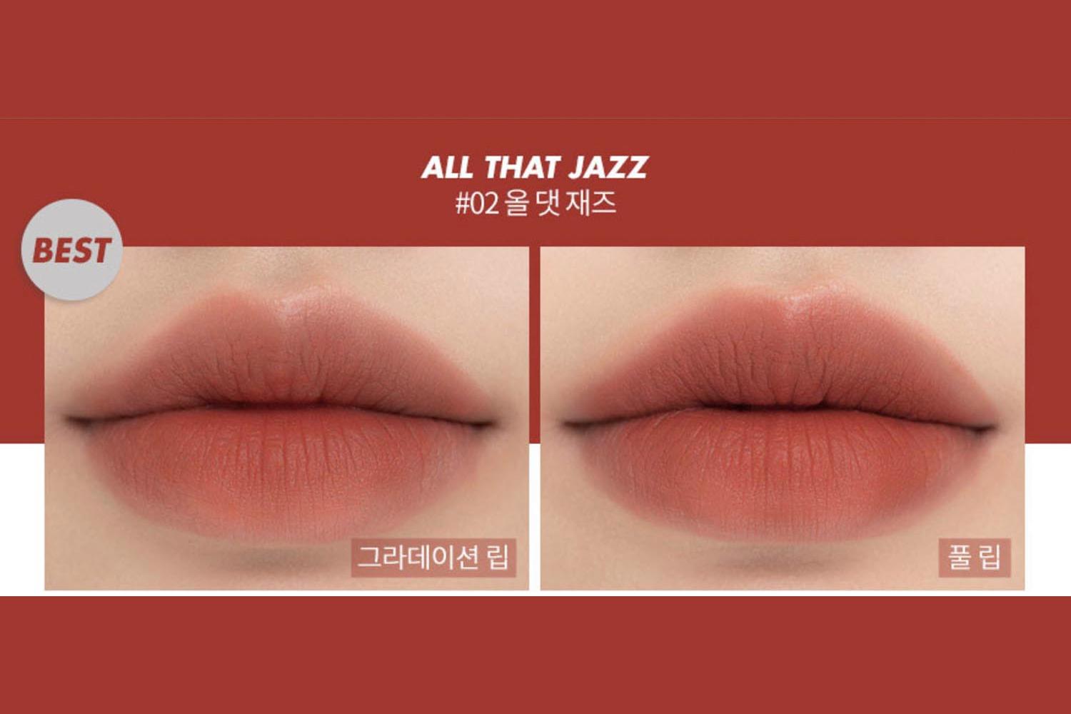 Ảnh swatch màu Rom&nd Zero Matte Lipstick #02 All That Jazz trên môi với hai biến thể: Gradient và Full Lip.