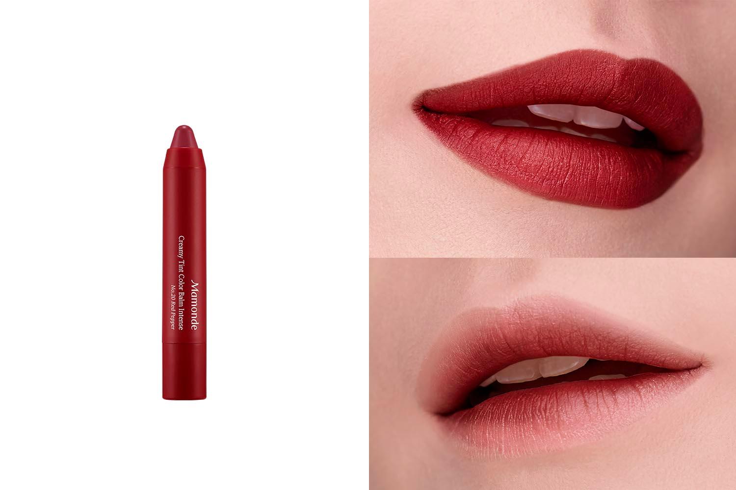 Nahaufnahme von Lippen, die den cremigen Lippenstift Mamonde #20 Red Pepper tragen. Der satte rote Farbton ähnelt dem berühmten Chili-Ton von MAC Cosmetics, jedoch zu einem erschwinglicheren Preis.