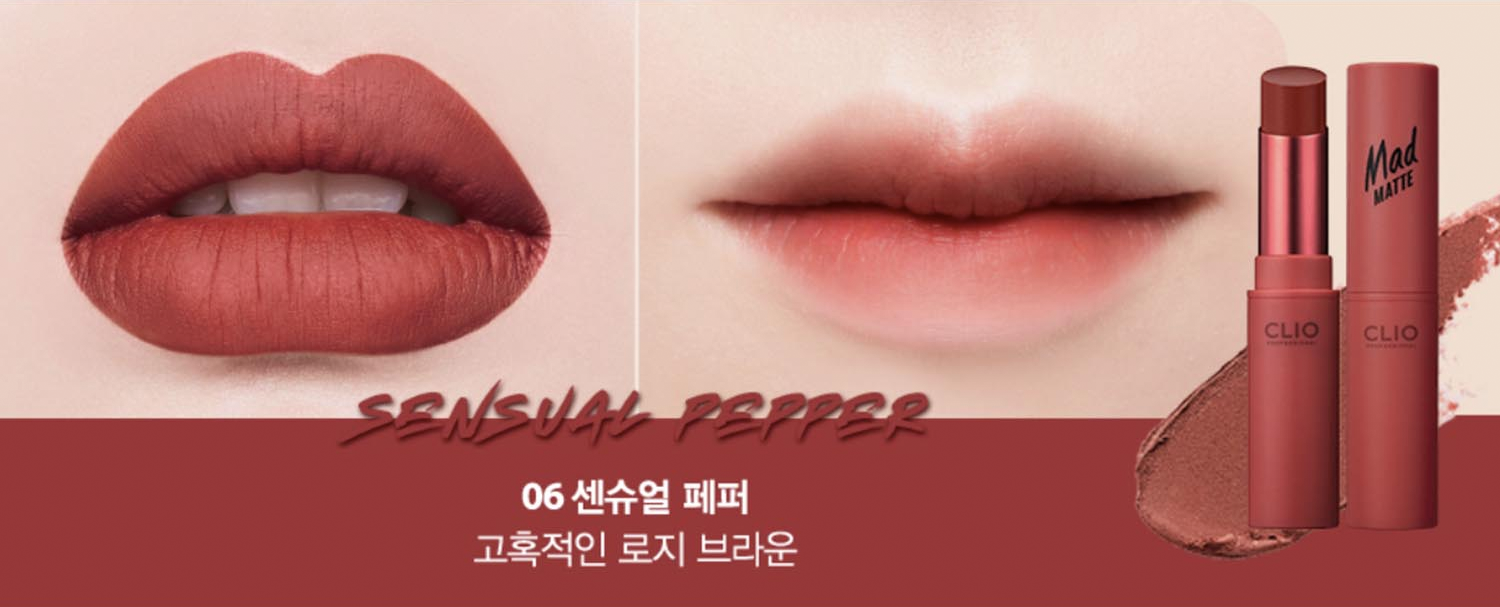 Lippen mit dem sanften Braunton Clio Mad Matte Lip #06 Sensual Pepper. Ein verführerischer, rosa-brauner Ton für einen eleganten Auftritt.