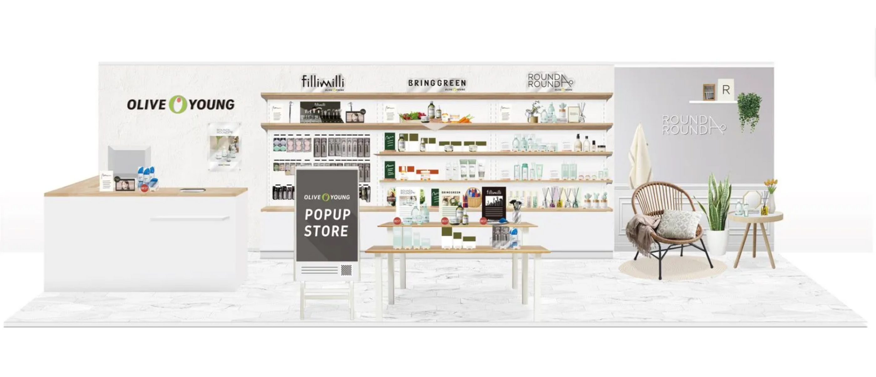 オリーブヤングのポップアップストアのデザイン画像。新宿ルミネエストやルクア大阪での期間限定出店に向けたプロモーションイメージ。韓国コスメブランドのフィリミリ、ブリングリーン、ラウンドアラウンドの商品ラインナップを展示。