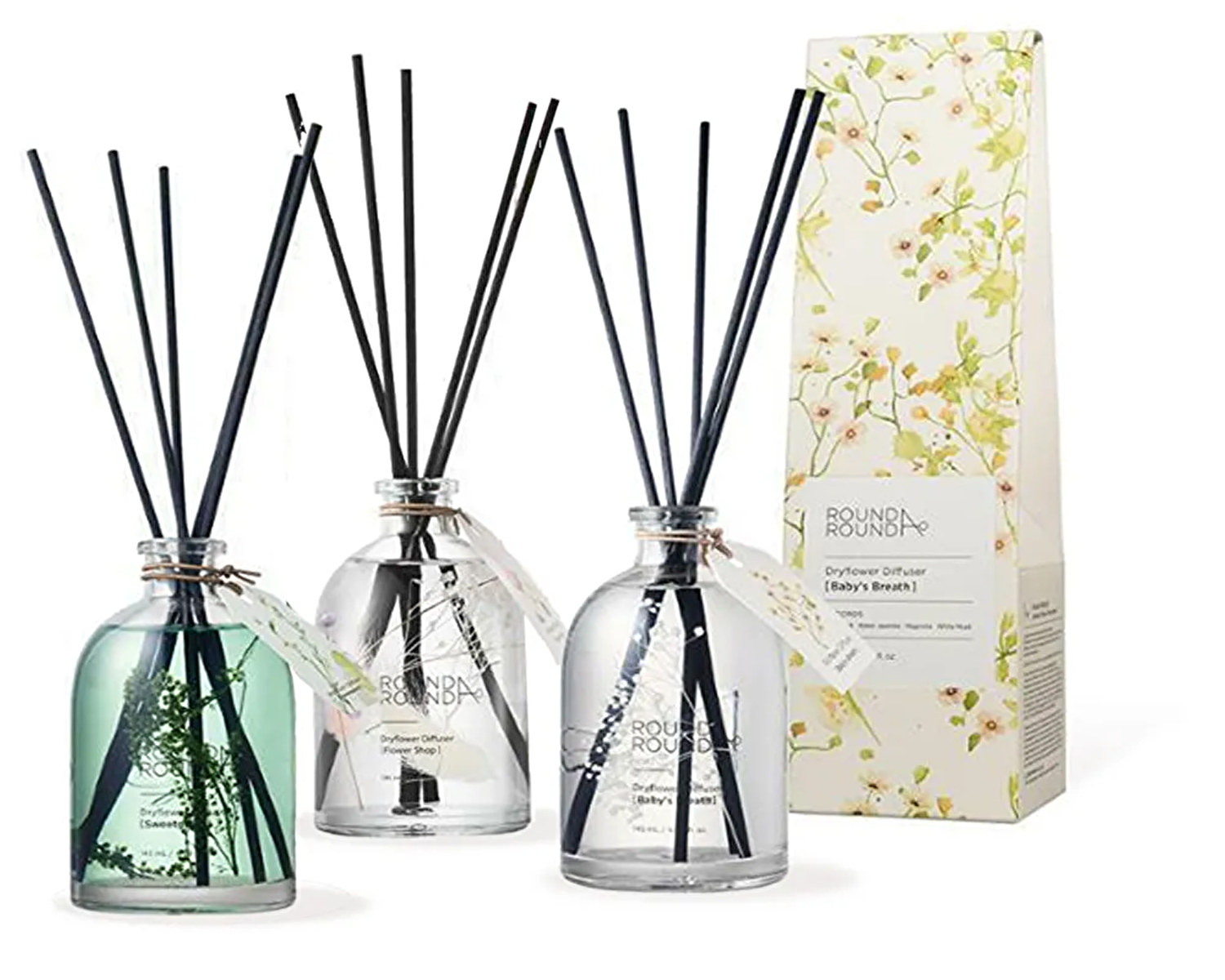 ドライフラワーを用いたラウンドアラウンドのデフューザーとボディミスト。ライフスタイルコスメとして展開される商品ラインナップ。