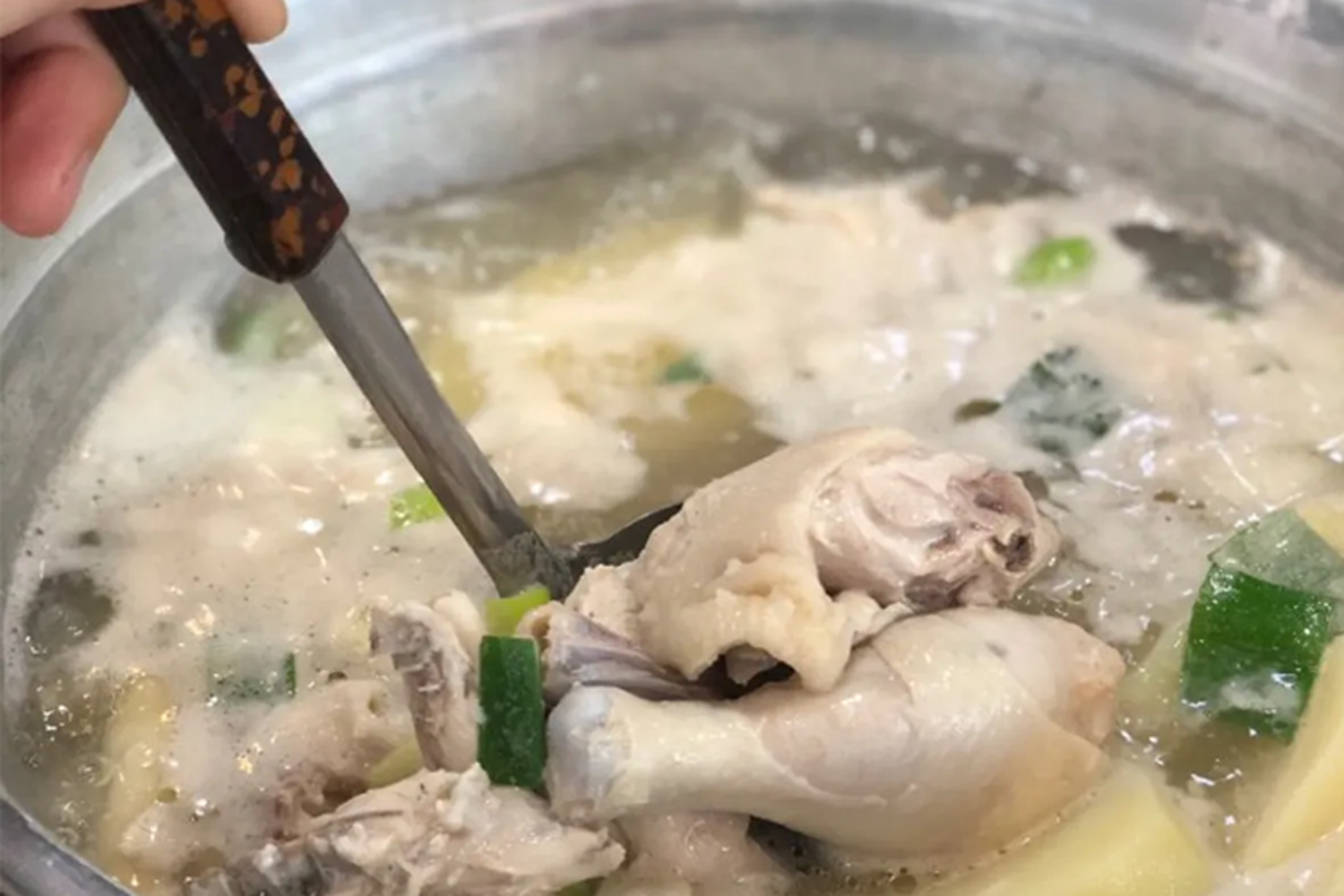 一隻雞的全景圖，熱騰騰的湯裡煮著完整雞只，味道濃鬱。