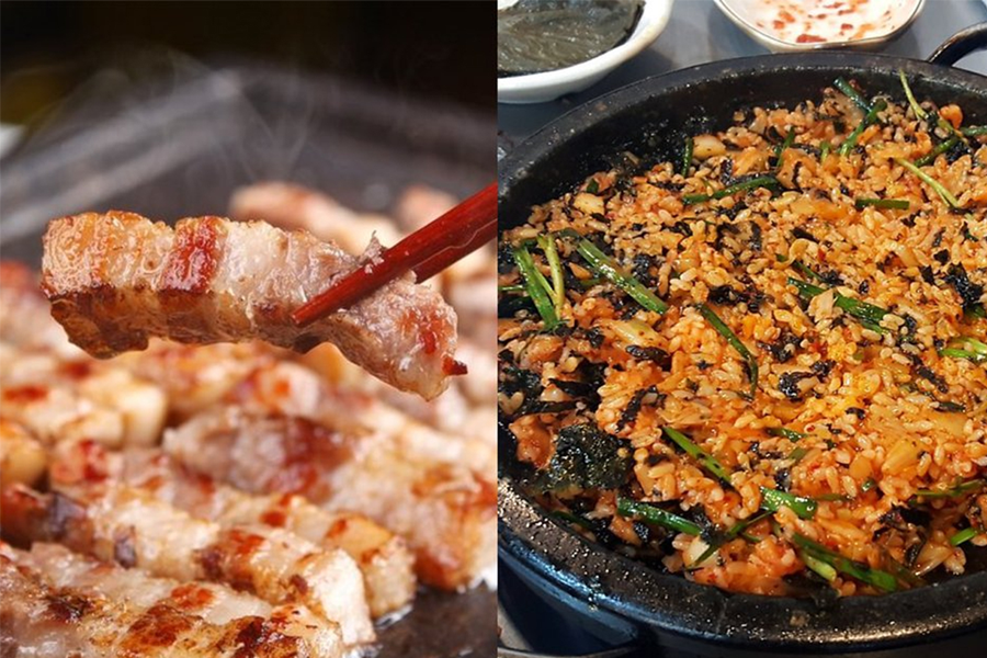 韩国烤肉店的炒饭与肉香接触。