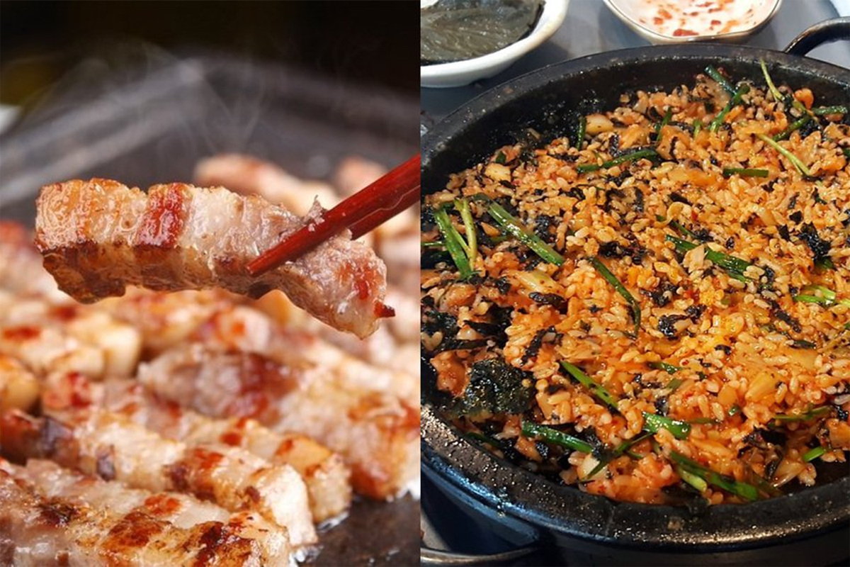 烤肉店炒飯，左邊為正在烤煮中的肉片，右邊是用紫菜和調味料調製的香味炒飯。