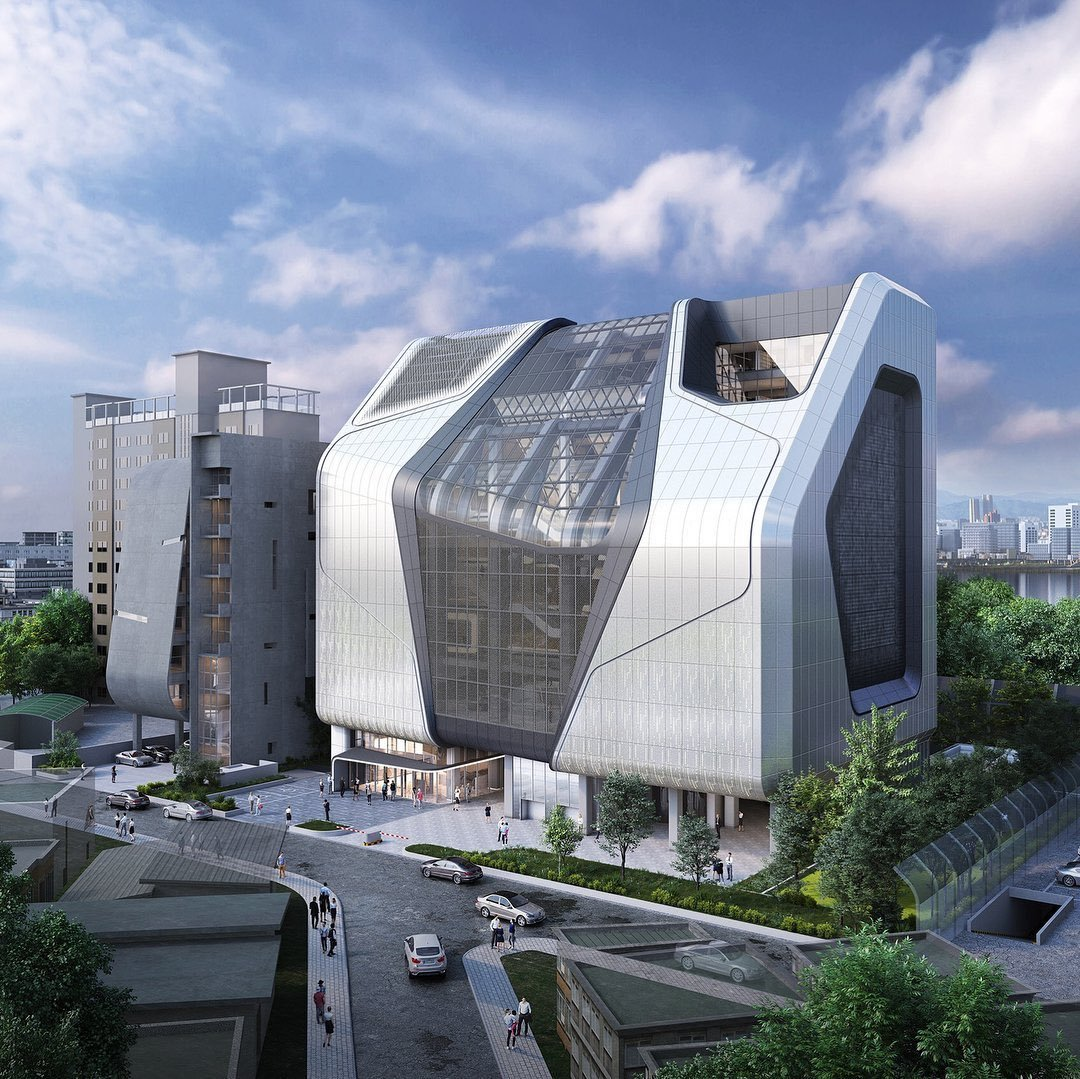 อาคารใหม่ของ YG Entertainment ดีไซน์ล้ำสมัยตั้งอยู่ท่ามกลางทิวทัศน์เมืองในเวลากลางวัน