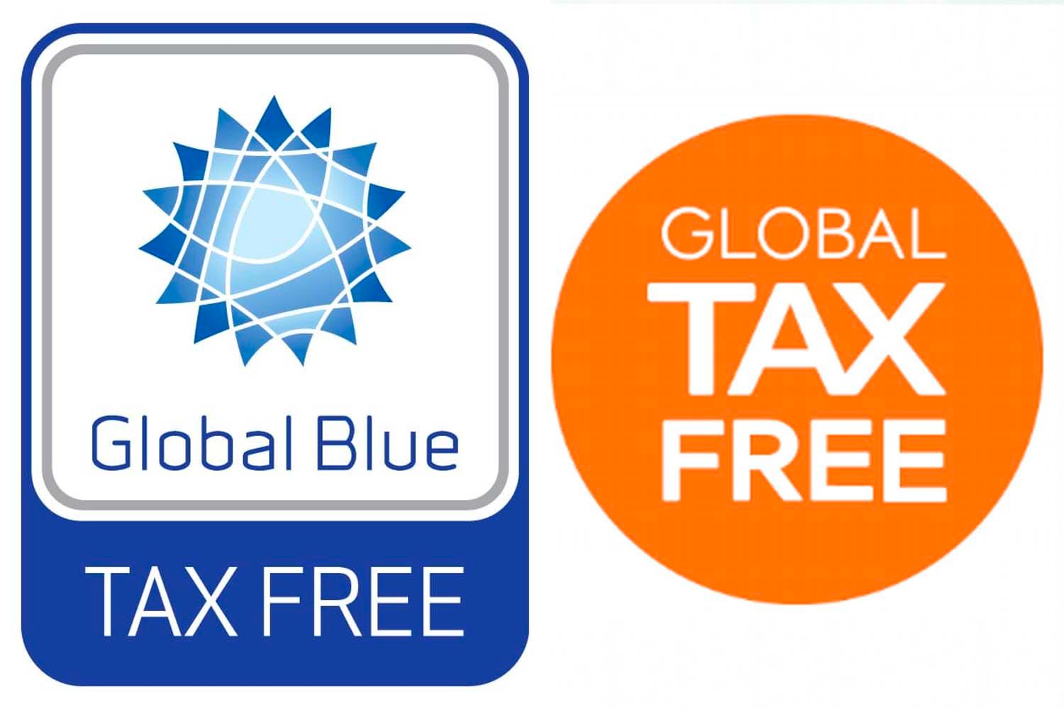 โลโก้ Global Blue และ Global Tax Free ที่แสดงบัตรภาษีคืนสำหรับการช้อปปิ้งในต่างประเทศ เป็นสิทธิพิเศษสำหรับนักท่องเที่ยวที่ไม่ต้องจ่ายภาษีท้องถิ่น