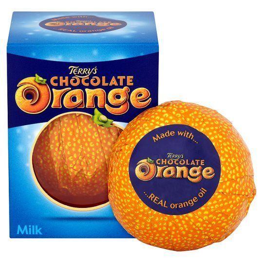 Image of Terry's Chocolate Orange product with its distinctive orange wrapping, displayed next to its branded box.
