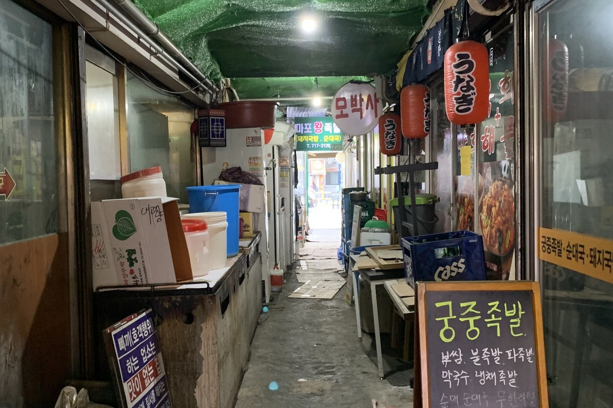 臺灣旅客在韓國孔德豬腳一條街的地鐵出口與市場指標