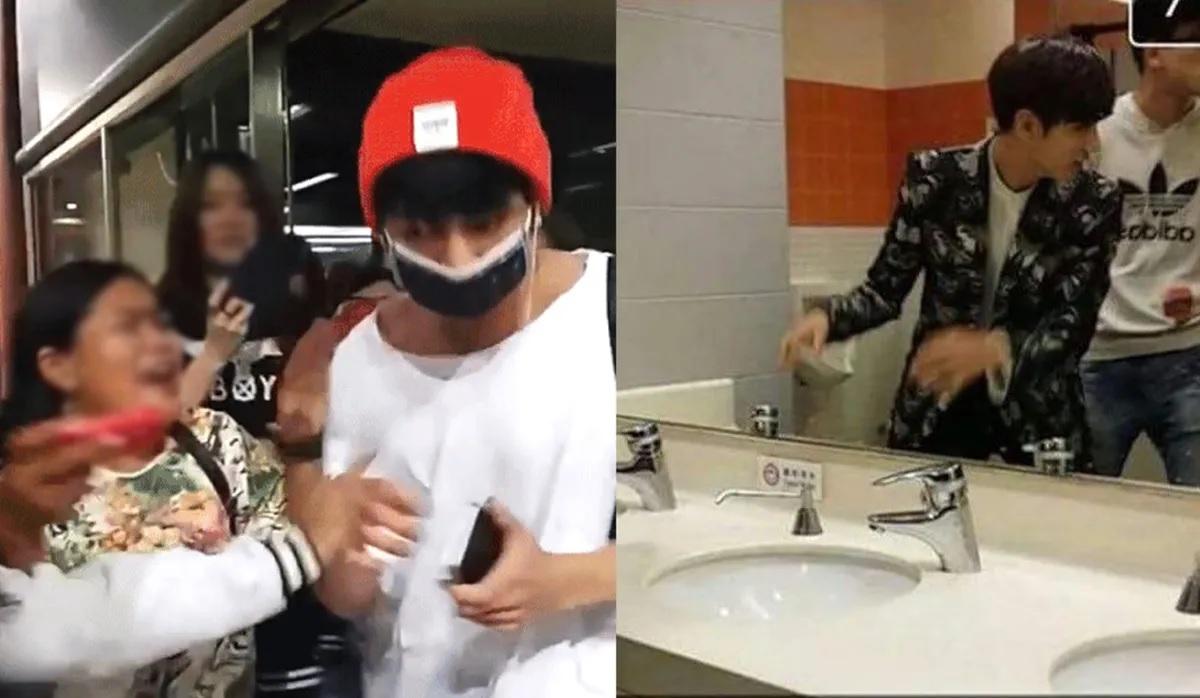 ภาพเหตุการณ์ที่แฟนคลับรายล้อมศิลปินเคป๊อปชายที่อยู่ในหมวกสีแดงและเสื้อลายดอก อีกภาพเป็นศิลปินในชุดสีดำที่ดูเหมือนกำลังพยายามหนีออกจากห้องน้ำสาธารณะ