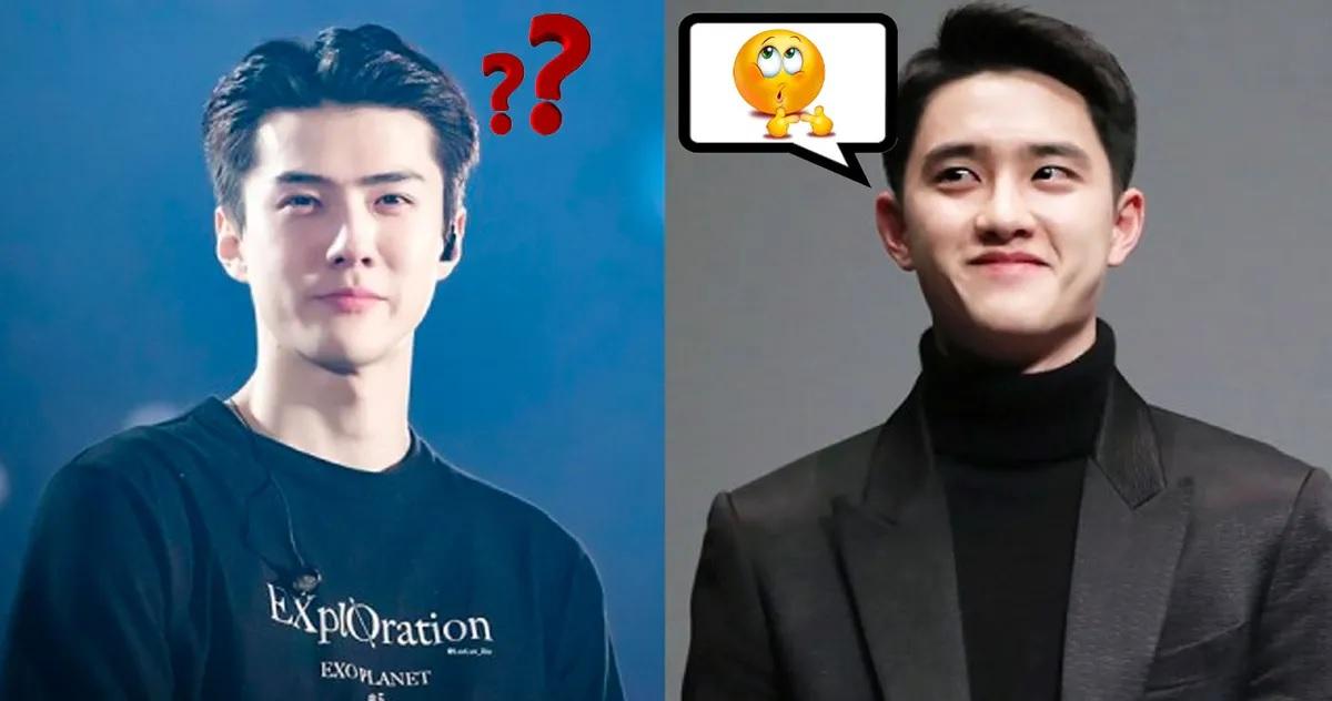 ศิลปินเคป๊อปชายที่สวมเสื้อยืดสีดำและอีกคนในชุดสูทสีดำกำลังแสดงท่าทางไตร่ตรองบนเวที คำถามและสัญลักษณ์ความสงสัยเด่นที่ด้านบน