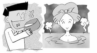 ภาพการ์ตูนของชายและหญิงที่กำลังแช่น้ำร้อนและรับประทานซุปอย่างสบายใจ.