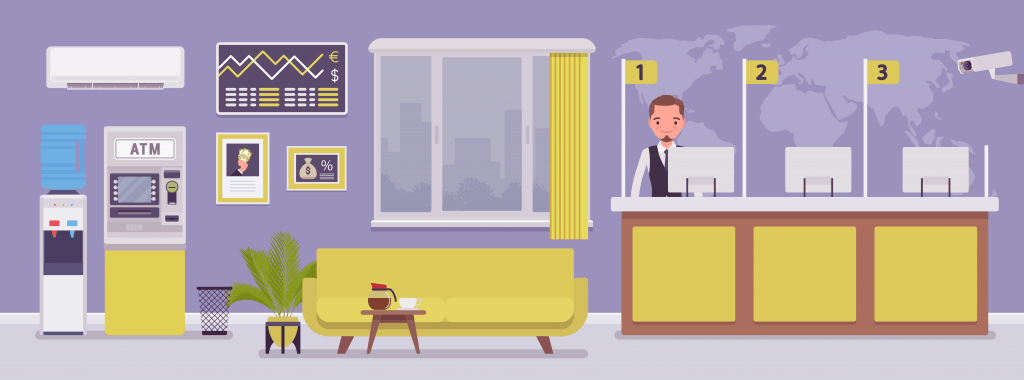 ภาพกราฟิกแสดงบรรยากาศภายในธนาคาร มีเคาน์เตอร์โต๊ะทำงานและATM.