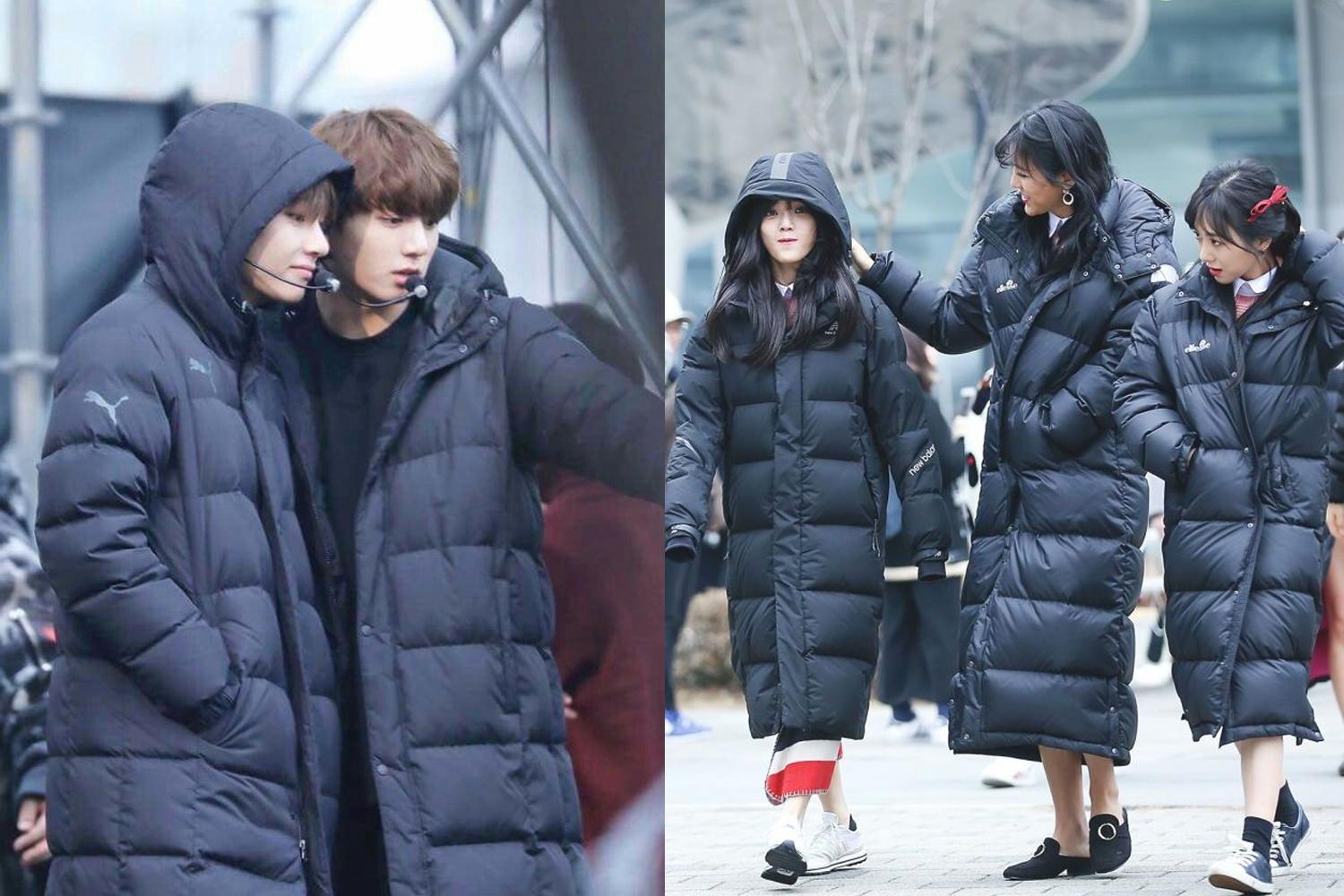idol kpop mặc long padding, bts, weki meki 