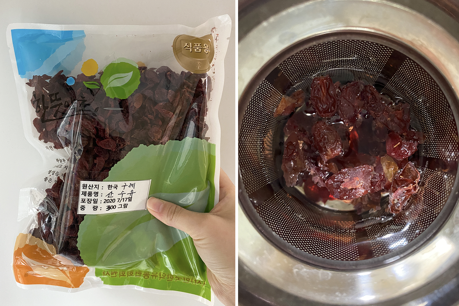 山茱萸药材展示,一包300克装,标注韩文信息。