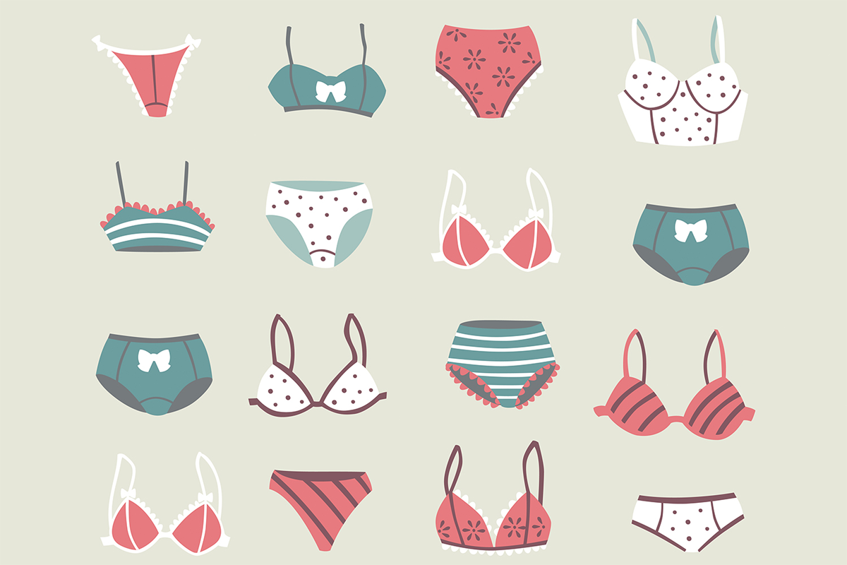 各種顏色和款式的胸罩和內褲，這幅圖寓意11月8日的胸罩日，是為宣傳女性內衣節日的一部分。