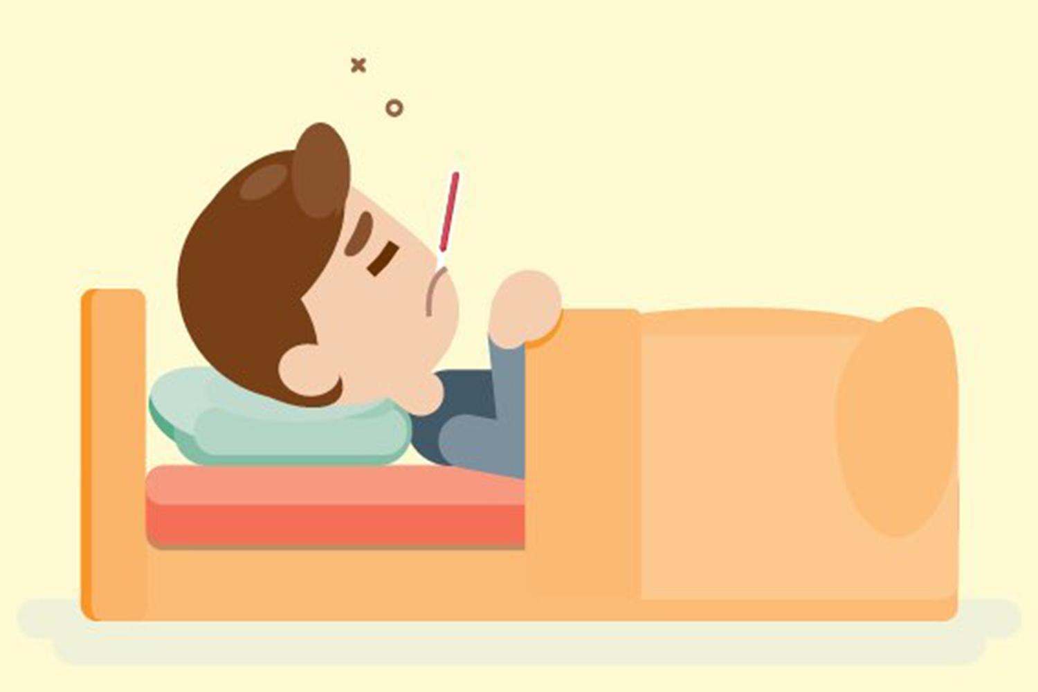 一名正在牀上自主隔離的韓國青年插畫