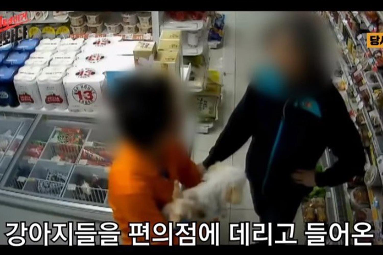 便利店監控錄像顯示顧客帶寵物狗進入店內