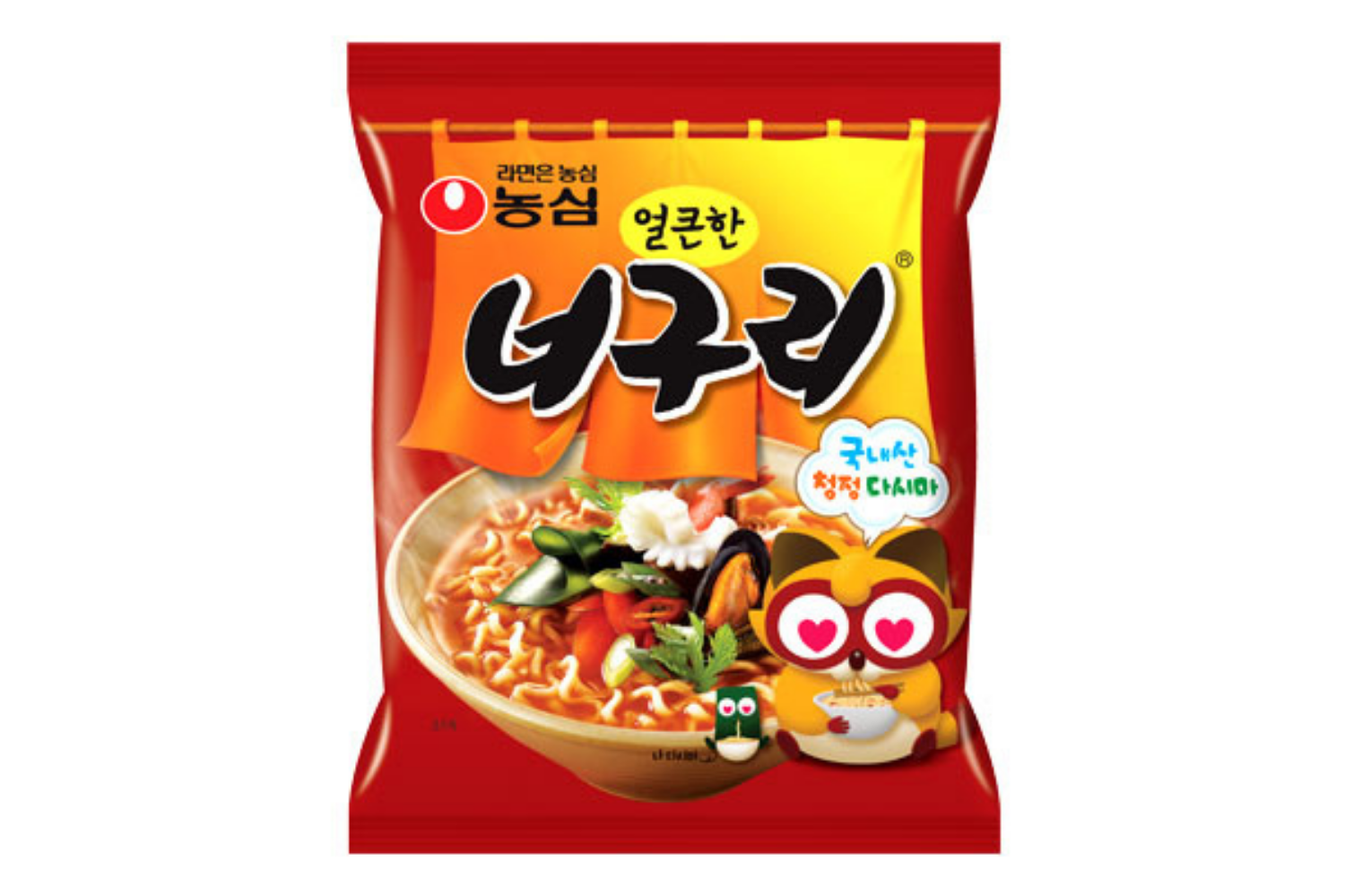韓国人気ラーメン、農心のノグリラーメン（너구리）のパッケージ画像。海産物風味が特徴のインスタントラーメン。