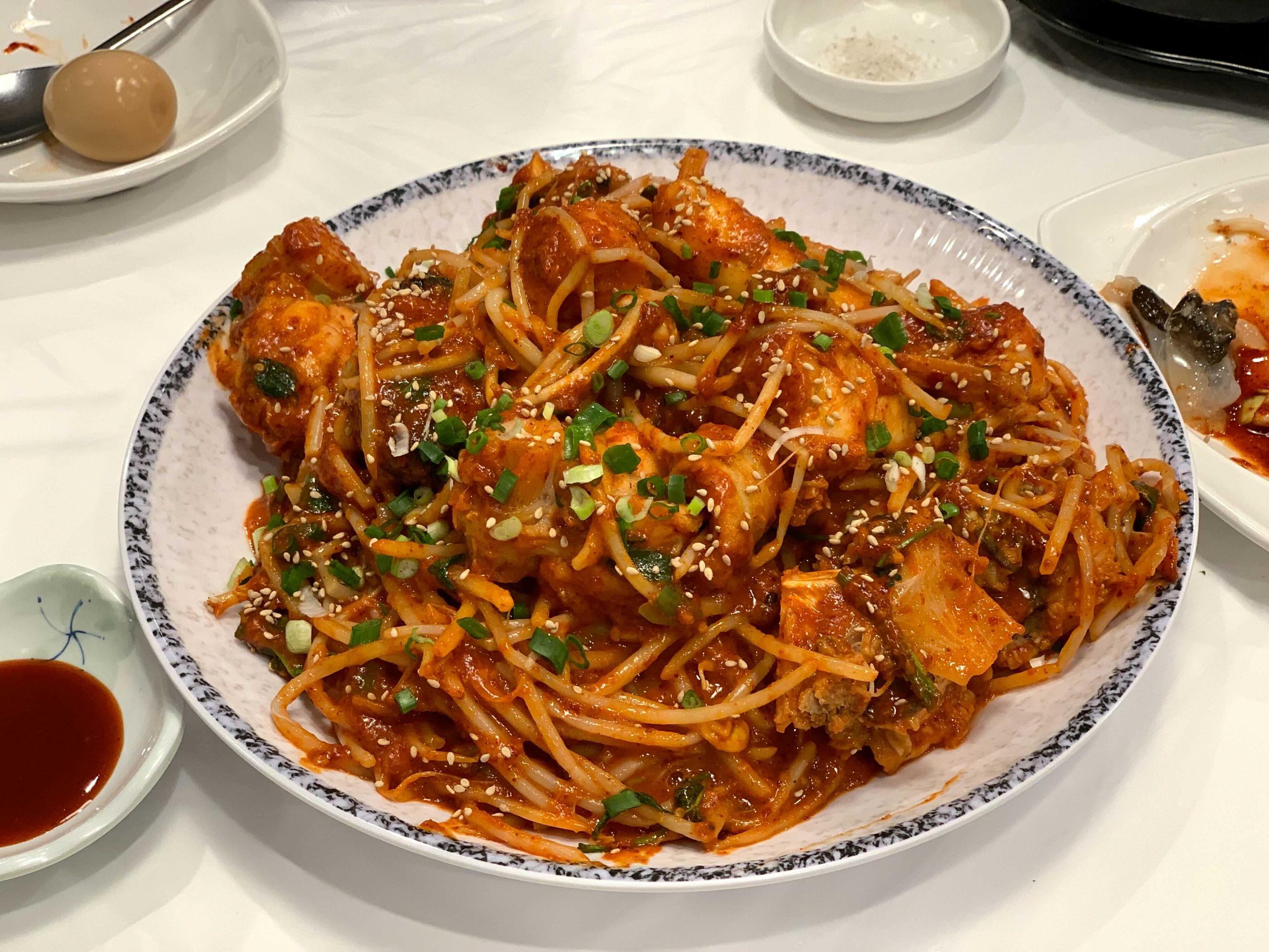 a plate full of agujjim (steamed monkfish), gwangju, south korea