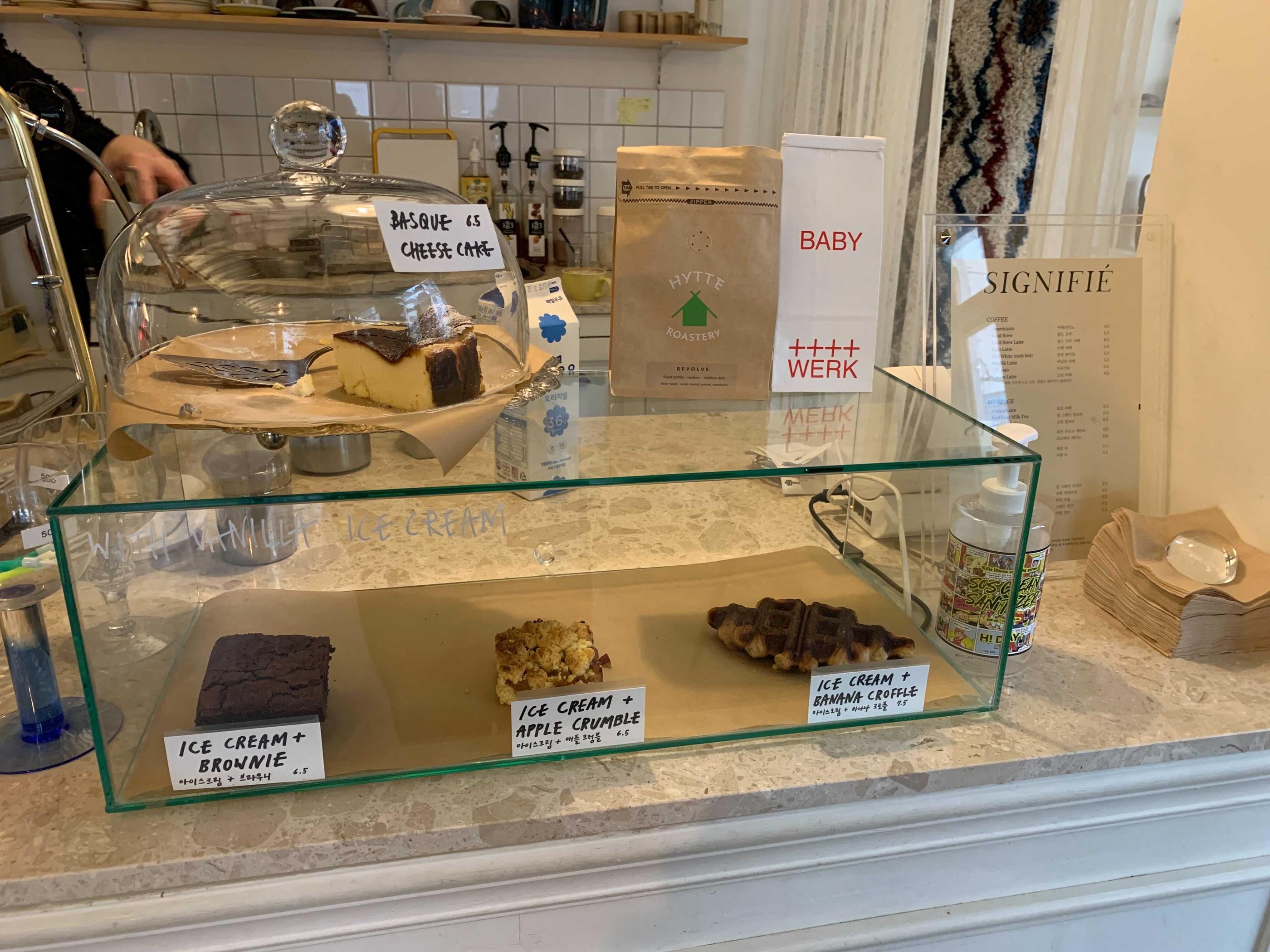 desserts on display at signifie, a hanok cafe in gwangju