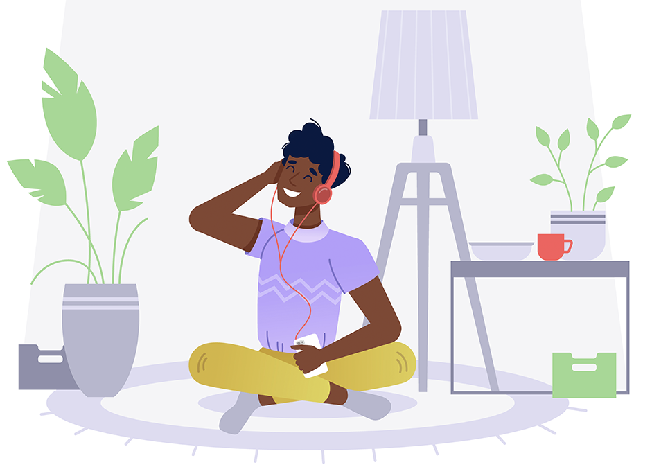 Illustration d'une personne souriante assise par terre, écoutant un podcast ou de la musique avec des écouteurs, entourée de plantes.
