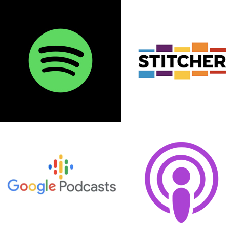 Logos des applications de podcast : Spotify, Stitcher, Google Podcasts, et Apple Podcasts.
