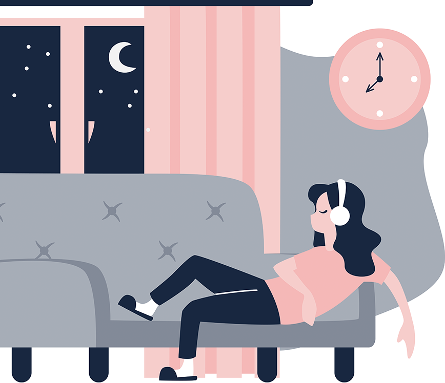 Illustration d'une femme allongée sur un canapé en soirée, écoutant de la musique ou un podcast avec des écouteurs dans un cadre intérieur calme.