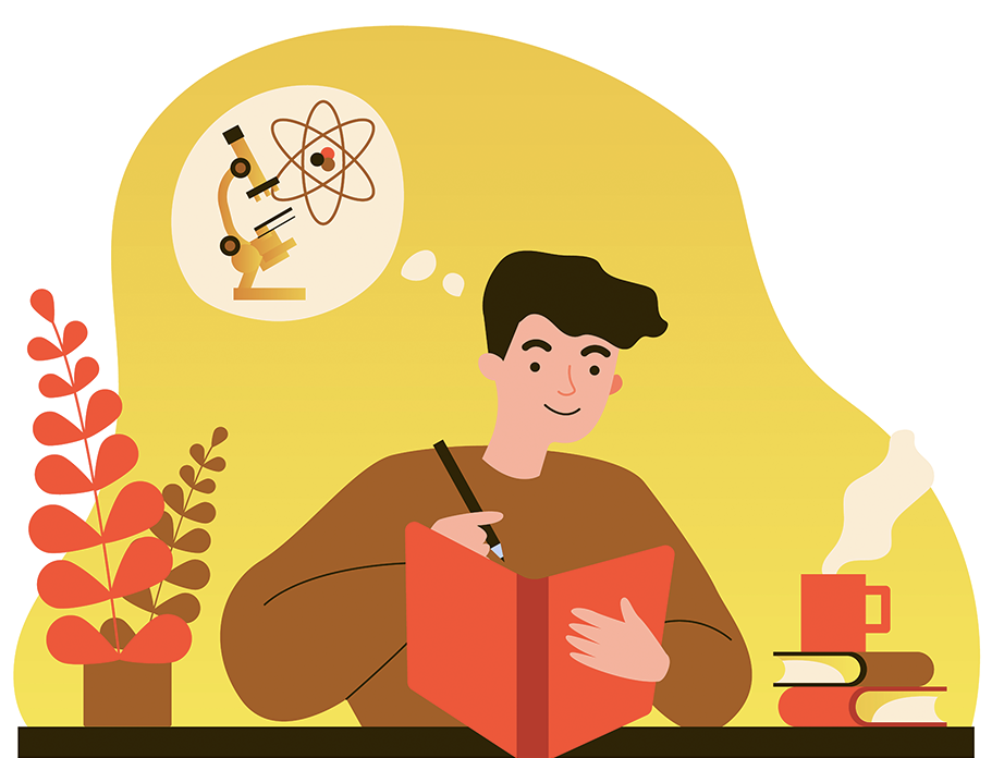 Illustration d'une personne écrivant dans un carnet tout en pensant à des concepts scientifiques, montrant un environnement d'étude inspirant.