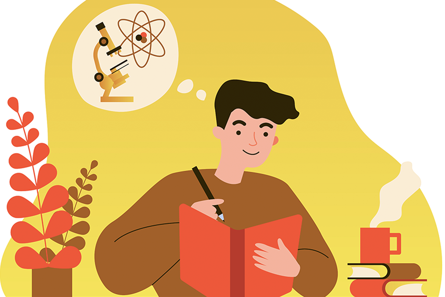 插圖中坐著學習的年輕人，書本上空浮現顯微鏡圖像，代表通過Podcast學習韓語和擴展知識的可能性。