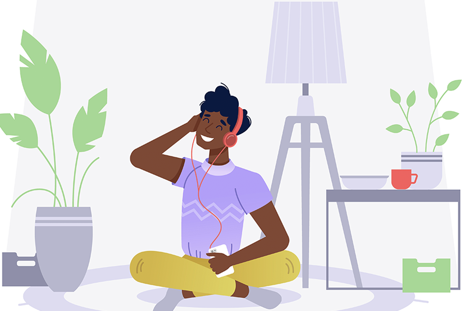 插圖中一位快樂聆聽Podcast的年輕人，代表以輕鬆方式學習韓語。