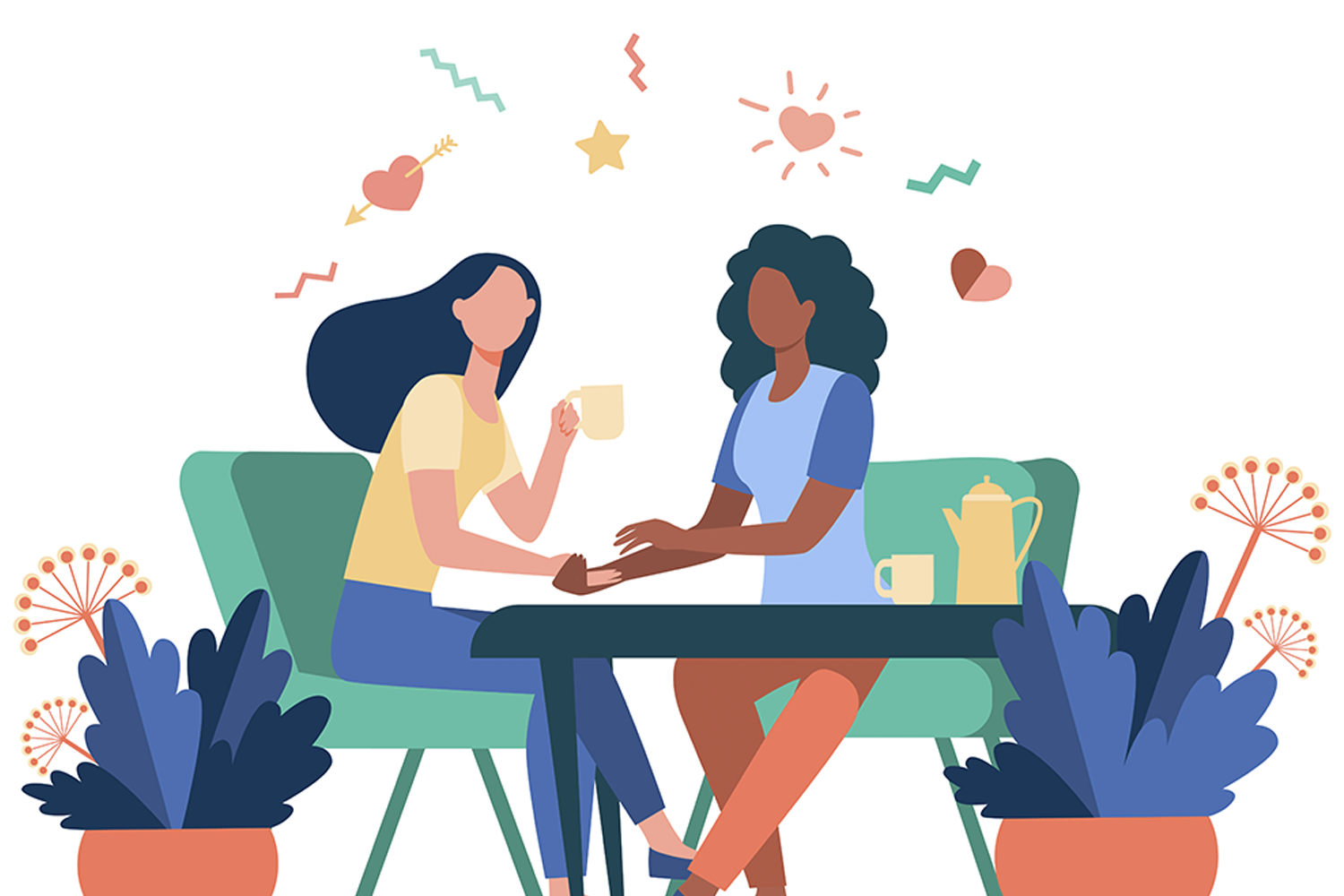 卡通風格的插圖，兩人對話場景，象徵學習韓語中的輕鬆生活會話。