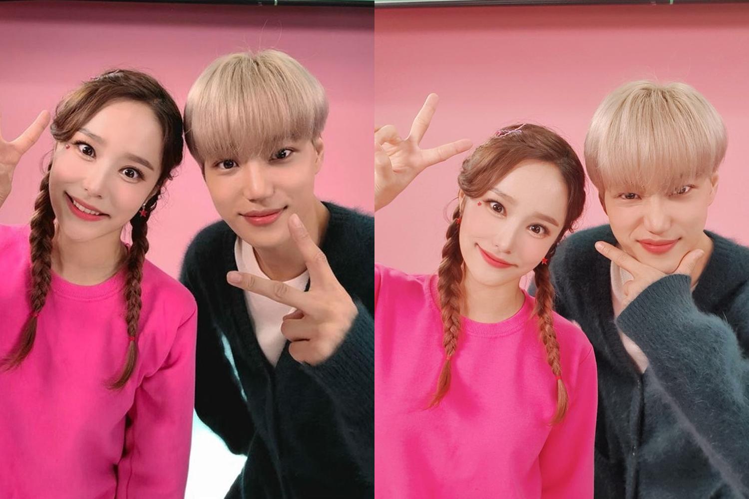 EXO Kai同韓國著名兒童YouTuber Hey Jini合作亮相，兩人擺出可愛的手勢。