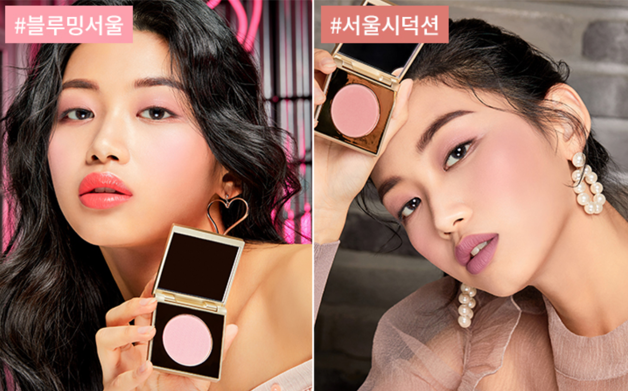 香港中環展示STILA韓國限定胭脂,2名模特分別展示粉色與其他色號,背景呈現霓虹與時尚元素。