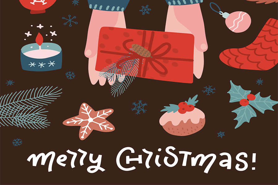 香港中環聖誕禮物廣告,背景為手拿禮物的插圖,並有各式聖誕裝飾如糖果、蠟燭以及樹葉,並寫有「聖誕快樂」字樣。