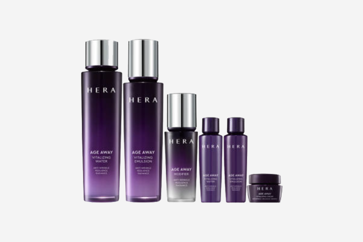 香港中環HERA護膚品展示,顯示多種護膚產品,組成紫色搭配系列,背景為白色以突出產品。