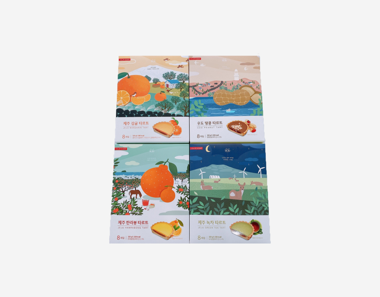 香港中環濟州島蛋塔家庭裝禮盒展示,四種不同味道的濟州蛋塔,以色彩鮮艷的禮盒包裝呈現。