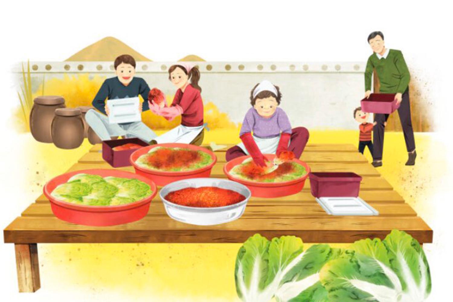 韓國家庭在製作泡菜，使用大紅色塑膠盆和新鮮白菜準備冬季食物。