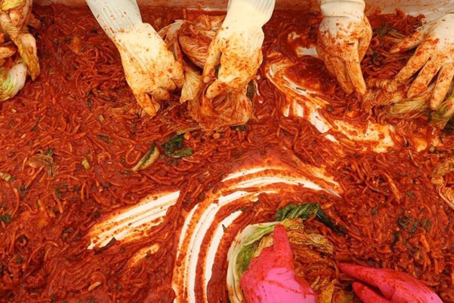 近距離觀看,韓國人在以調味過的辣醬醃製泡菜,紅色膠手套是常見的工具。