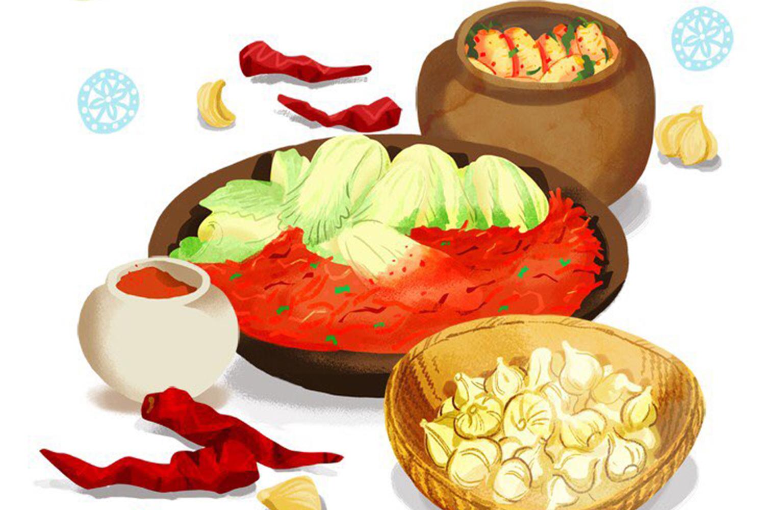 泡菜製作過程中的插圖,新鮮的白菜、熟成的辣醬和原料準備在木製託盤和韓式陶罐中。
