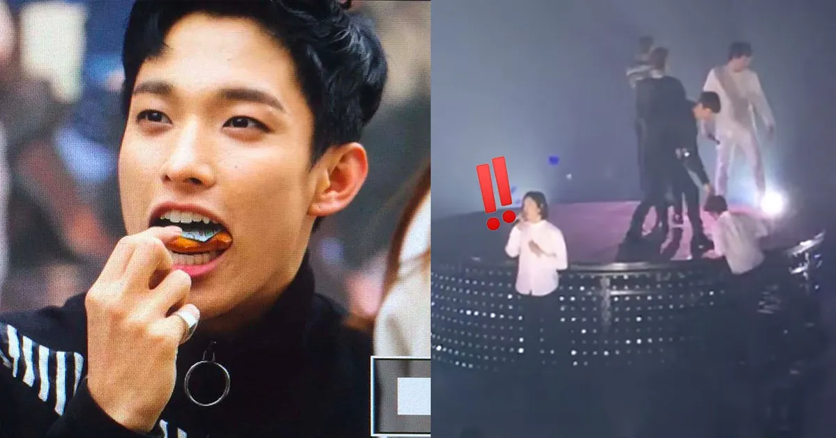 韓星演唱會上的搞笑時刻分鏡，舞台上有偶像成員互動及驚訝表情。