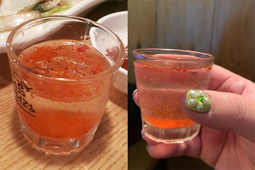 韓國傳統偏方，辣椒粉加入燒酒中，用於生病時的民間療法。