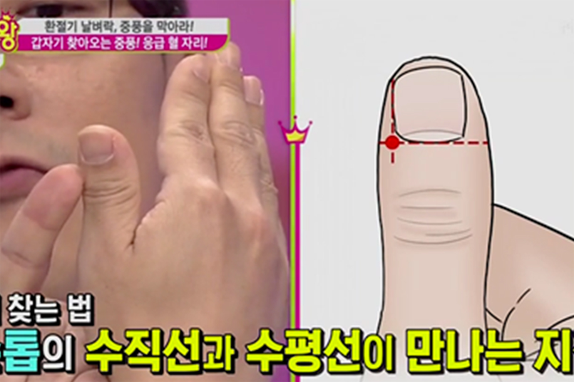 解釋韓國家庭中的應急手法，用針刺媽媽手指上的具體步驟，以示消除身體不適的過程。