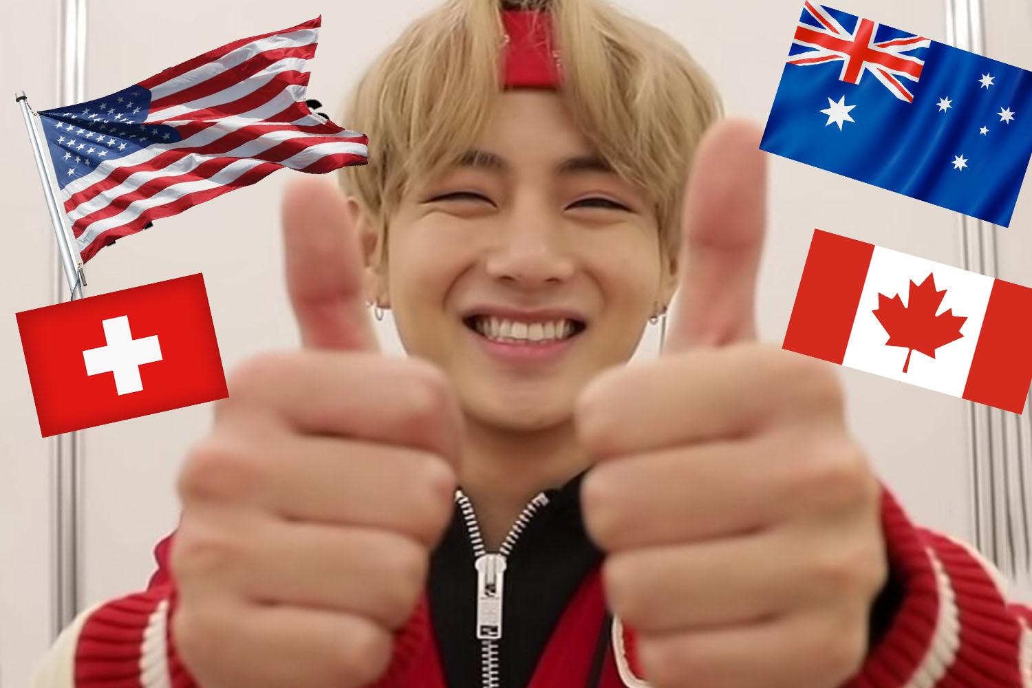 มือชูนิ้วโป้งในเสื้อแจ็คเก็ตแดง พร้อมธงชาติอเมริกา ออสเตรเลีย แคนาดา และสวิตเซอร์แลนด์