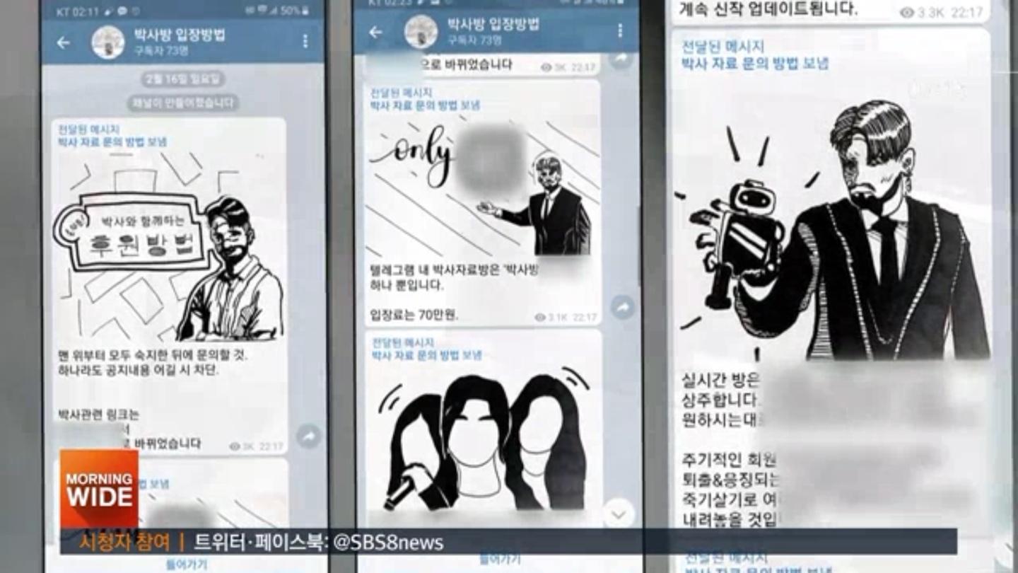 ภาพหน้าจอการแชทในแอปพลิเคชันโทรเลขที่เกี่ยวข้องกับคดี Nth Room ซึ่งเป็นห้องแชทที่มีความขัดแย้งเรื่องการแลกเปลี่ยนเนื้อหาทางเพศอย่างผิดกฎหมายในเกาหลีใต้