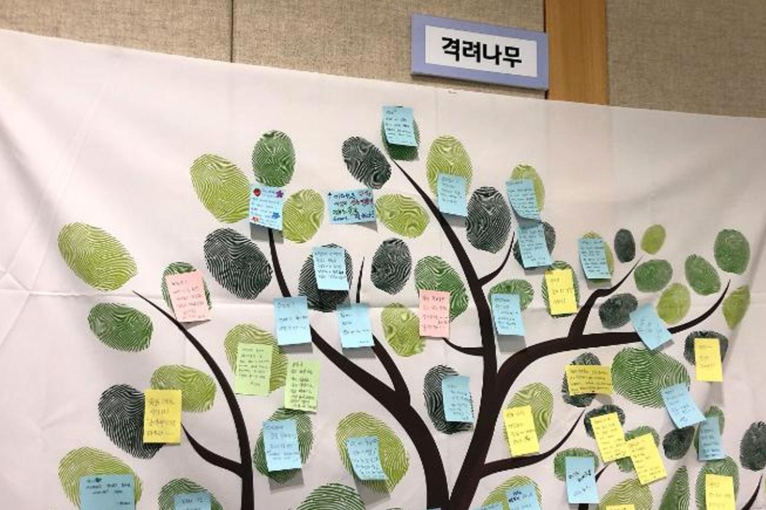 Cây động viên với những mảnh giấy nhắn cổ vũ từ các bậc phụ huynh dành cho thanh thiếu niên tham gia trại cai nghiện điện thoại tại Hàn Quốc. Các mảnh giấy xanh, vàng, và hồng được viết bằng tay và dán trên cây, thể hiện tình yêu và mong muốn của phụ huynh góp phần giúp con cái vượt qua chứng nghiện điện thoại.