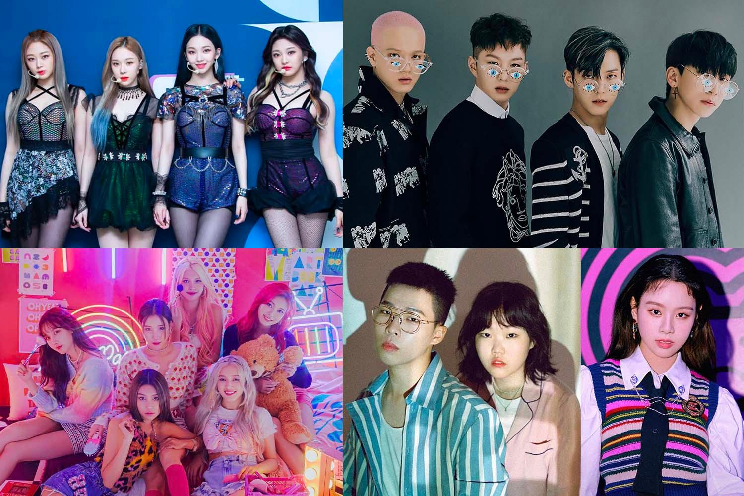 กลุ่มศิลปินหญิงใส่ชุดเดรสสีสันสดใสที่มีรายละเอียดดีไซน์แตกต่างกัน